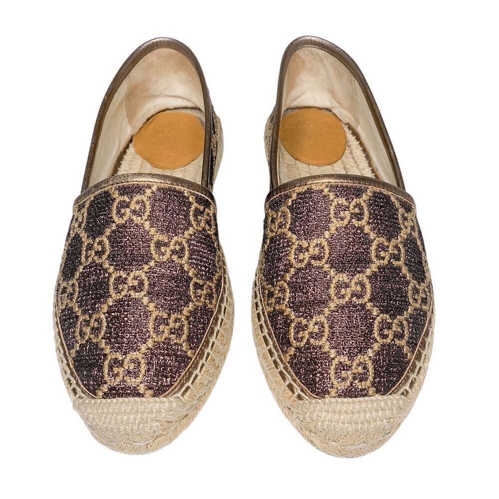 Gucci GG Logo Lamé Canvas Espadrilles Brown Bronze Metallic Logo Flats 37.5 - Picture 2 of 10